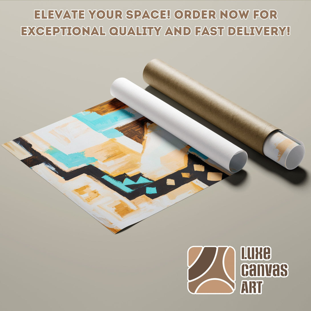 Abstract art Poster Roll in a neutral color palette with teal and brown accents. Elevate your space with Luxe Canvas Art!