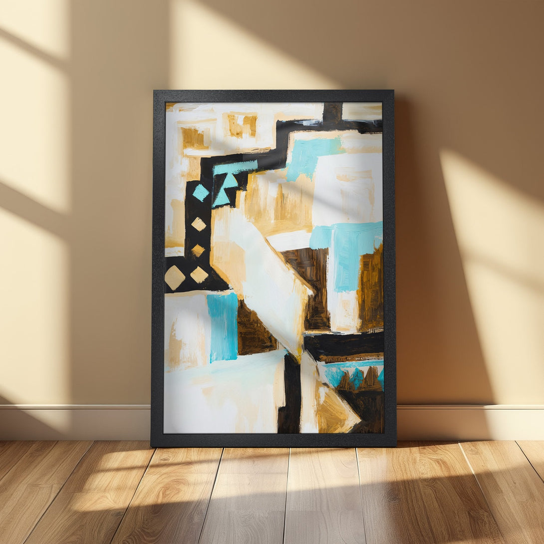 Framed Poster: Abstract art print with geometric shapes in teal, gold, and black. Modern wall decor for any space.