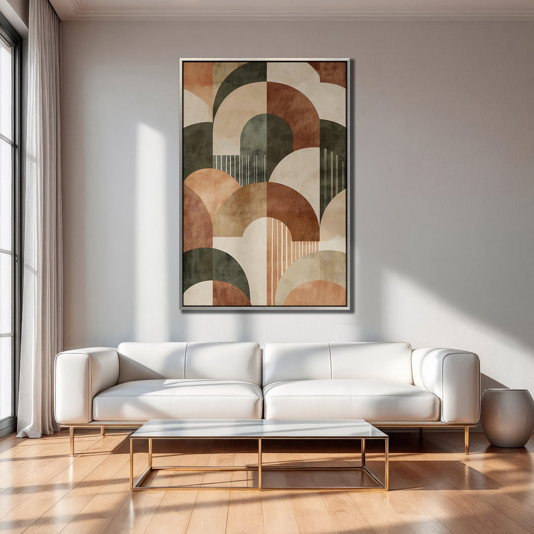 Framed Wall Art featuring abstract geometric design in warm earth tones. Modern decor for living room or bedroom.