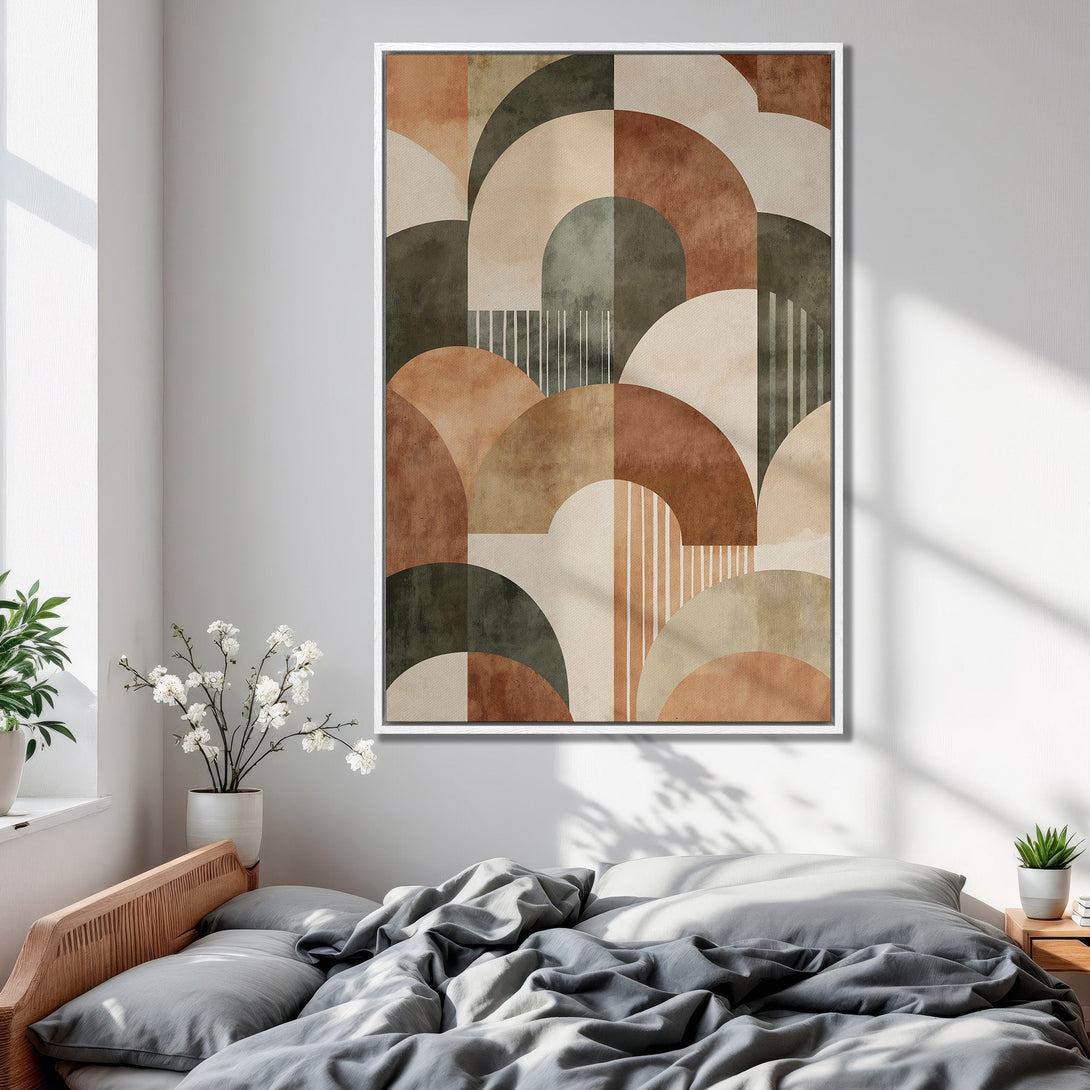 Framed Wall Art featuring a modern geometric design in warm earth tones. Perfect for adding a touch of style to your bedroom decor.