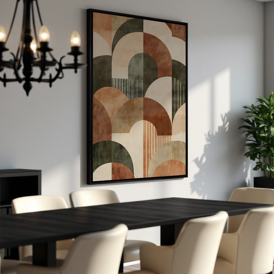 Framed Wall Art: Abstract geometric design in earthy tones. Modern canvas print adds warmth and style to any dining room or interior space.
