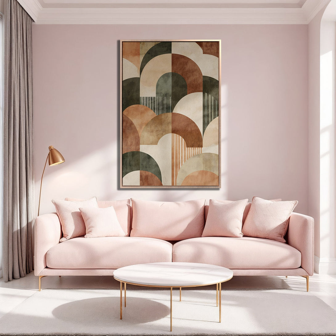 Framed Wall Art featuring an abstract geometric design in warm earth tones. Perfect for adding a touch of modern elegance to any living space.