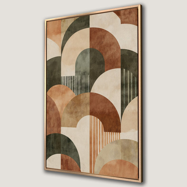 Framed Wall Art with abstract geometric design in warm earth tones. Modern canvas print perfect for adding a stylish touch to any interior space.
