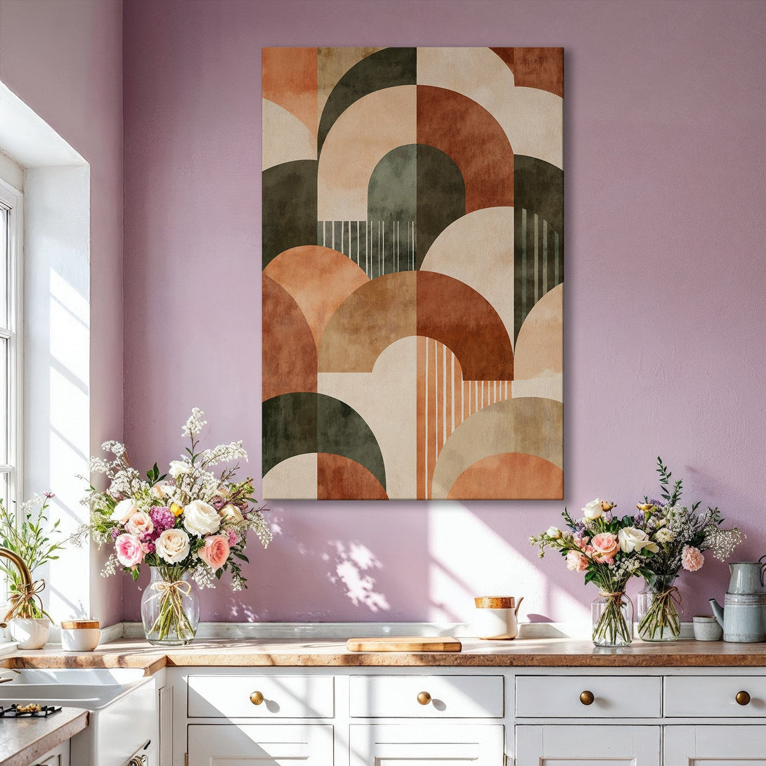 Framed Wall Art featuring an abstract geometric design in warm earth tones. Perfect for modern home decor.