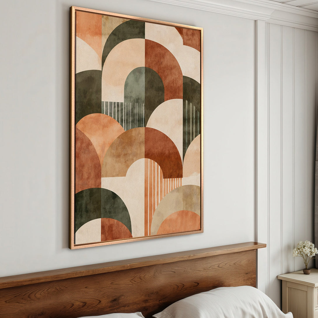 Framed Wall Art: Geometric abstract art in warm earth tones. Modern canvas print adds a stylish touch to any interior. Shop now for home decor!