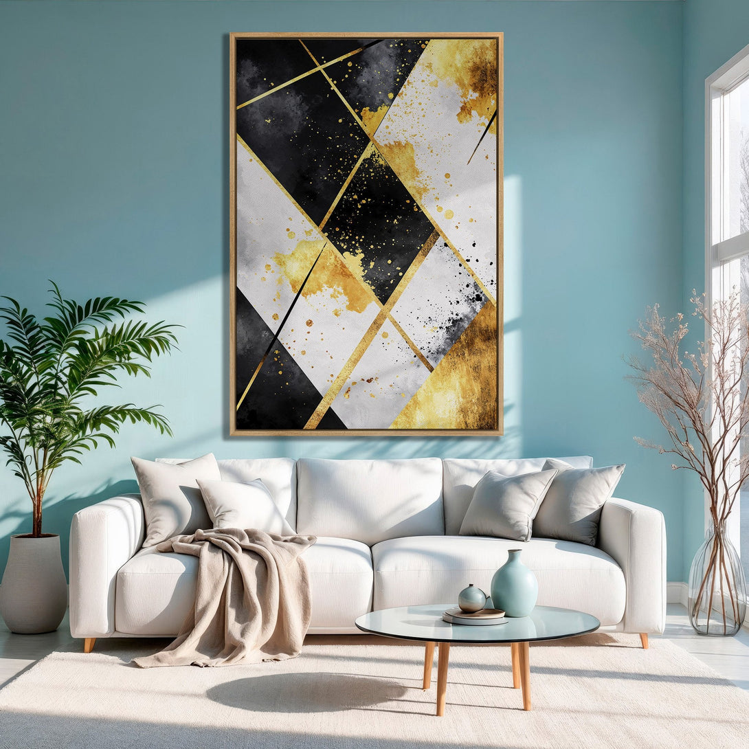 Framed Wall Art: Modern abstract design in black, gold, and white. Adds a touch of elegance to any living room. Shop our Canvas Print collection today!