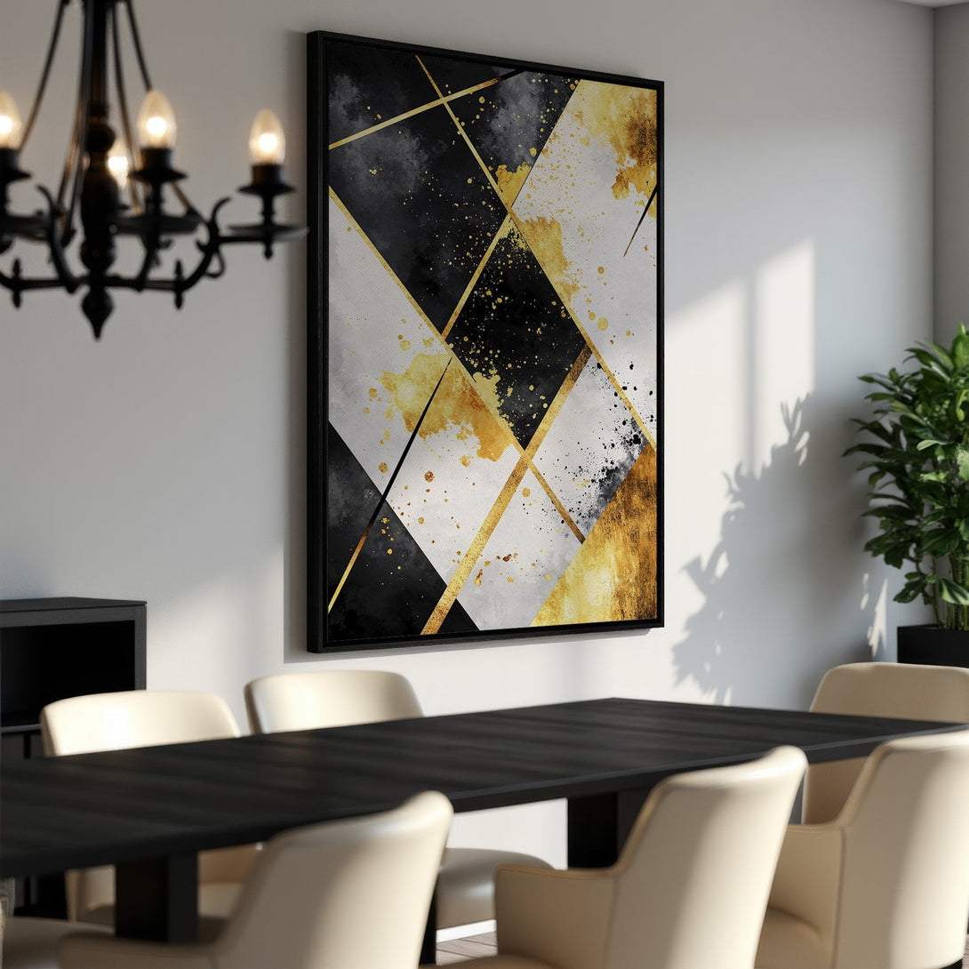 Framed Wall Art: Abstract geometric design in black, gold, and white. Modern canvas print adds a touch of elegance to any dining room. Shop now!