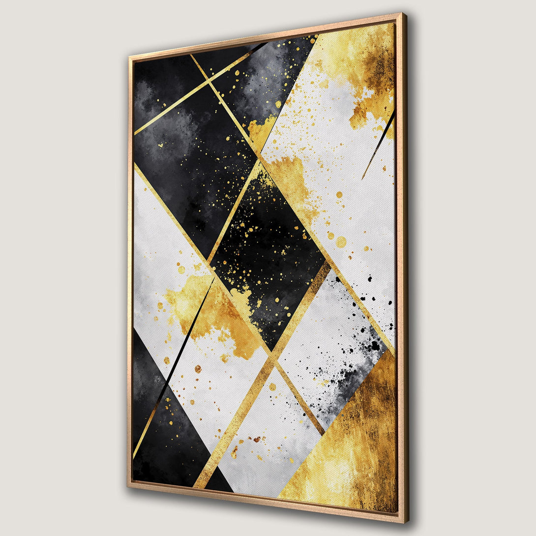 Framed Wall Art featuring a modern abstract design with geometric shapes in black, white, and gold. Elevate your space with this stunning Canvas Print.