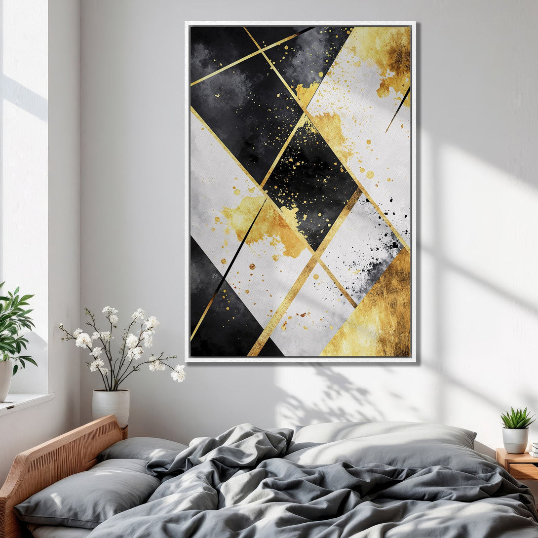 Framed Wall Art: Abstract geometric design in black, white, and gold. Modern canvas print adds a touch of luxury to any bedroom decor.