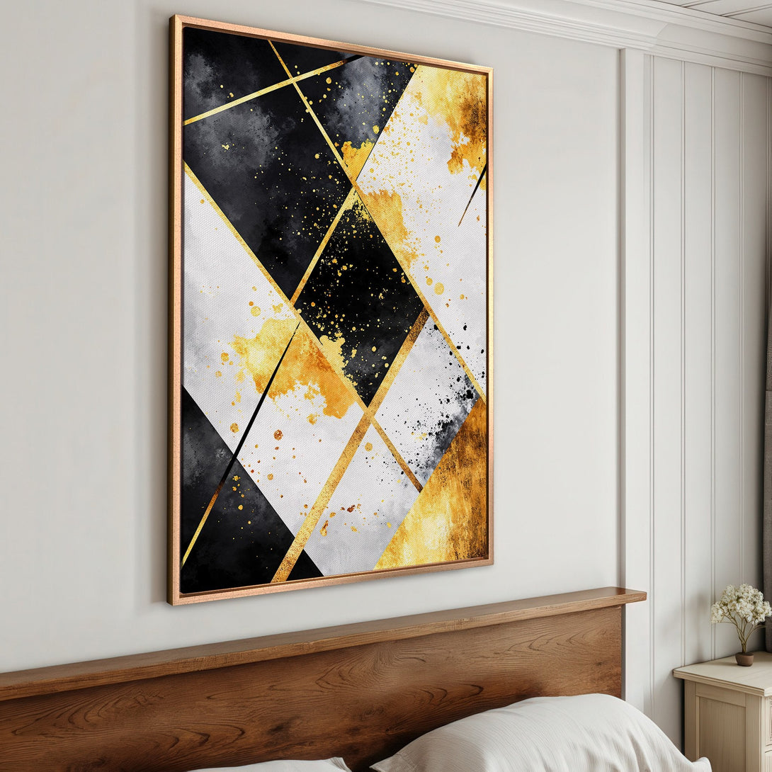 Framed Wall Art: Modern abstract geometric design in black, white, and gold. Elevate your space with this luxurious canvas print.