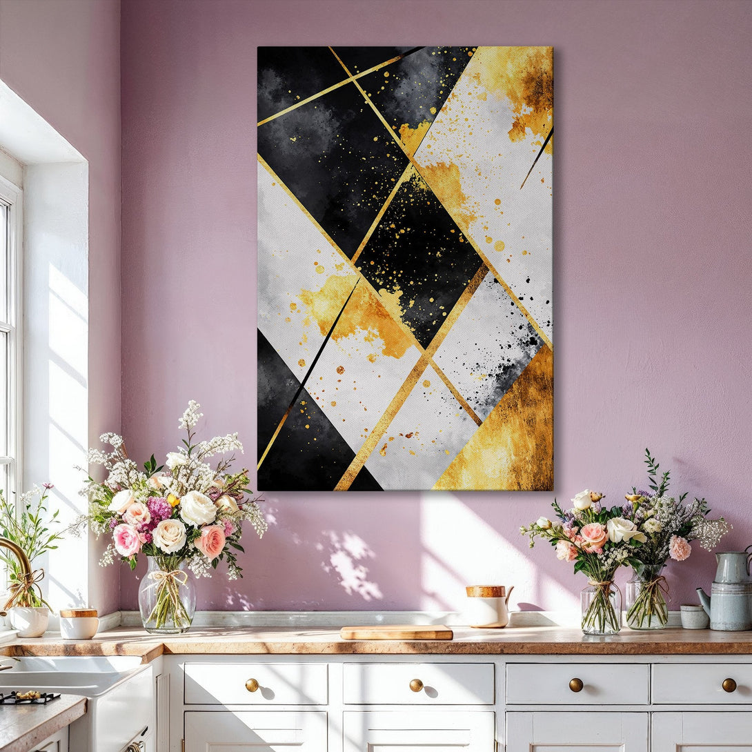 Framed Wall Art: Abstract geometric design in black, white, and gold. Modern art canvas print adds elegance to any living room decor.