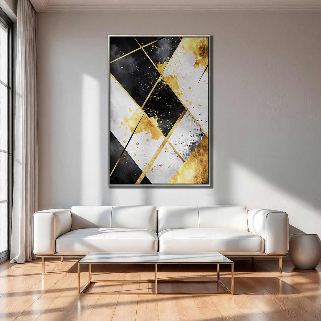 Framed Wall Art: Abstract geometric design in black, white, and gold. Modern art canvas print adds a touch of luxury to any space.