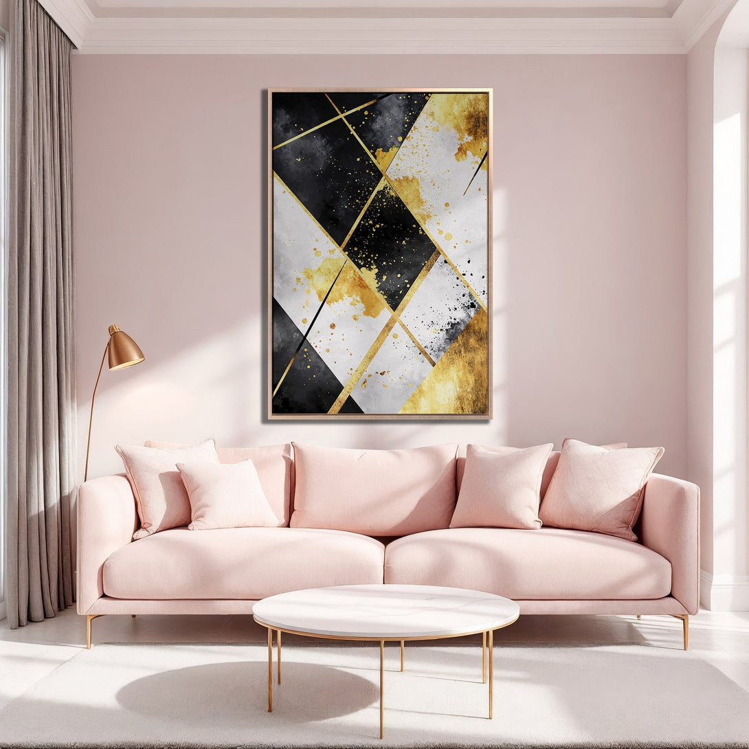 Framed Wall Art featuring an abstract geometric design in black, gold, and white. Modern art canvas print adds a touch of elegance to any interior space.