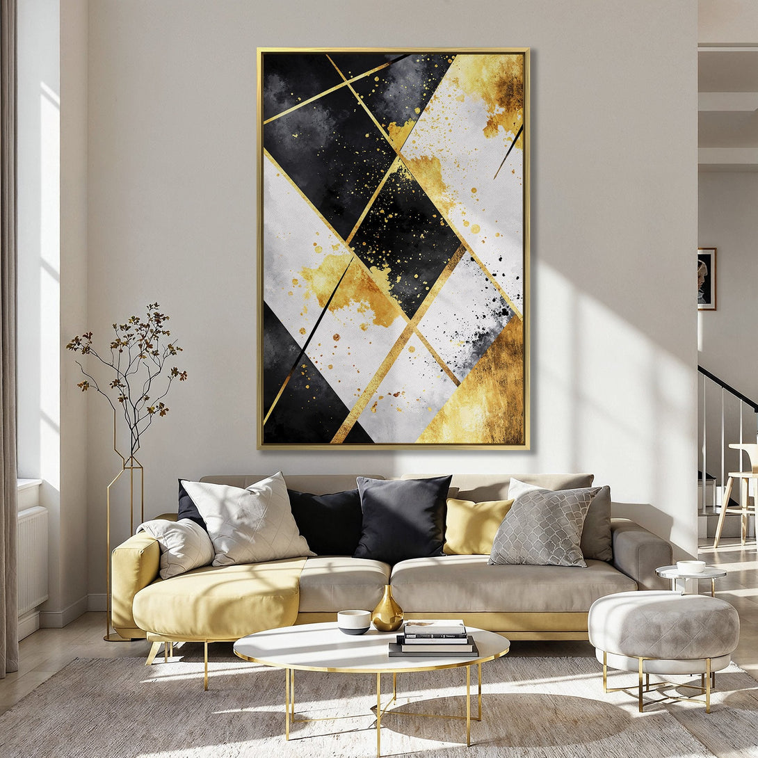 Abstract Canvas Print in a kitchen. Modern art with gold, black, and white geometric design. Adds a touch of elegance to any space.