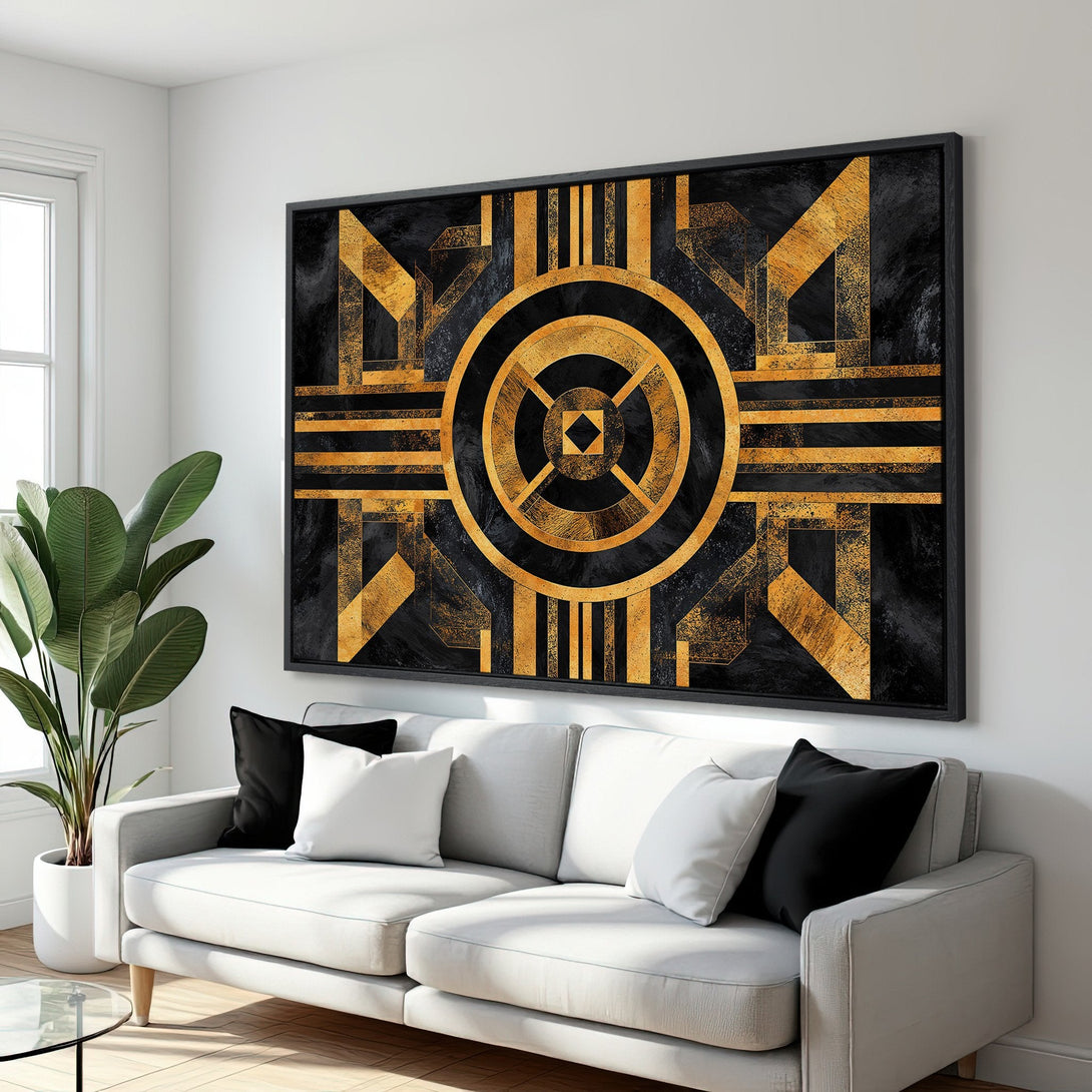 Framed Wall Art: Geometric gold and black abstract design. Modern art canvas print adds a touch of luxury to any interior space.