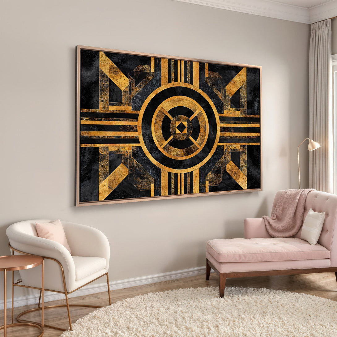 Framed Wall Art: Geometric gold and black art print in a modern interior. Enhance your space with this stylish, Art Deco-inspired Canvas Print.