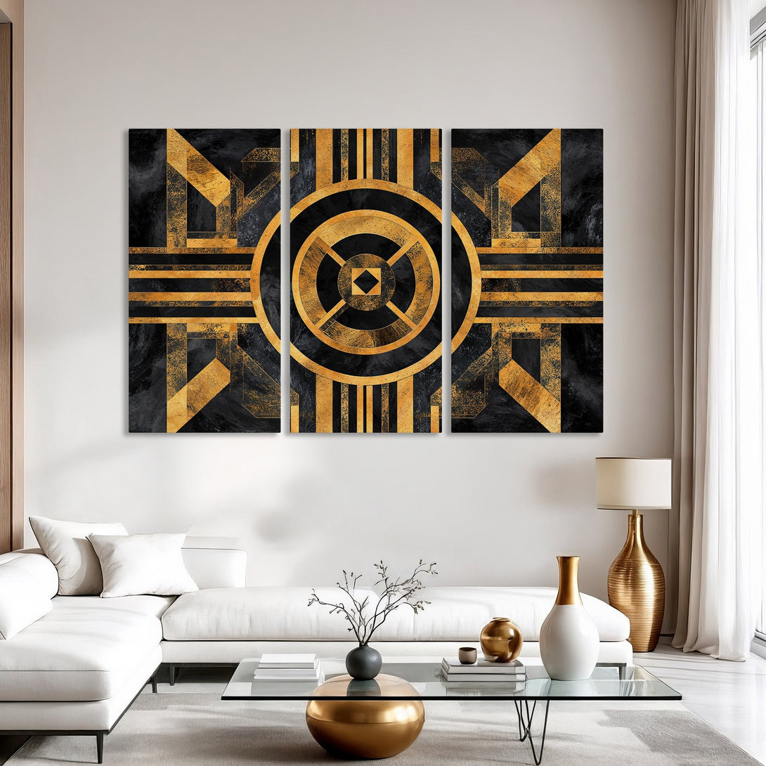 Canvas Print featuring a geometric art deco design in black and gold, perfect for modern interior decor.
