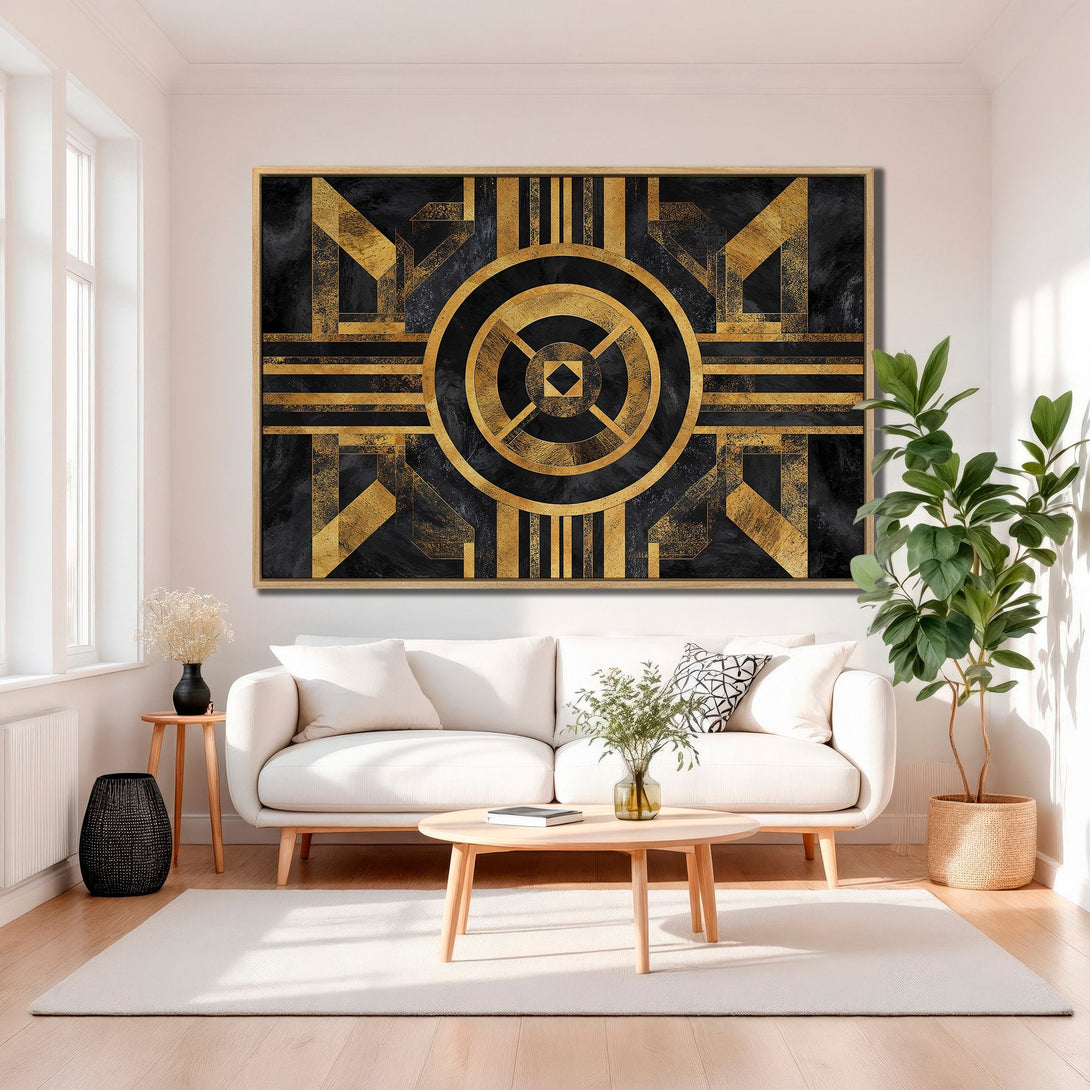Framed Wall Art: Geometric gold and black abstract design canvas print, adding modern elegance to a living room interior.