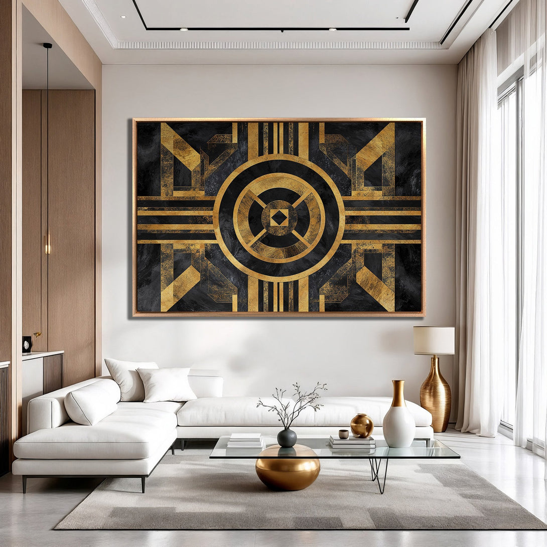 Framed Wall Art: Geometric Art Deco design in black and gold. Modern canvas print adds luxury and style to any interior.