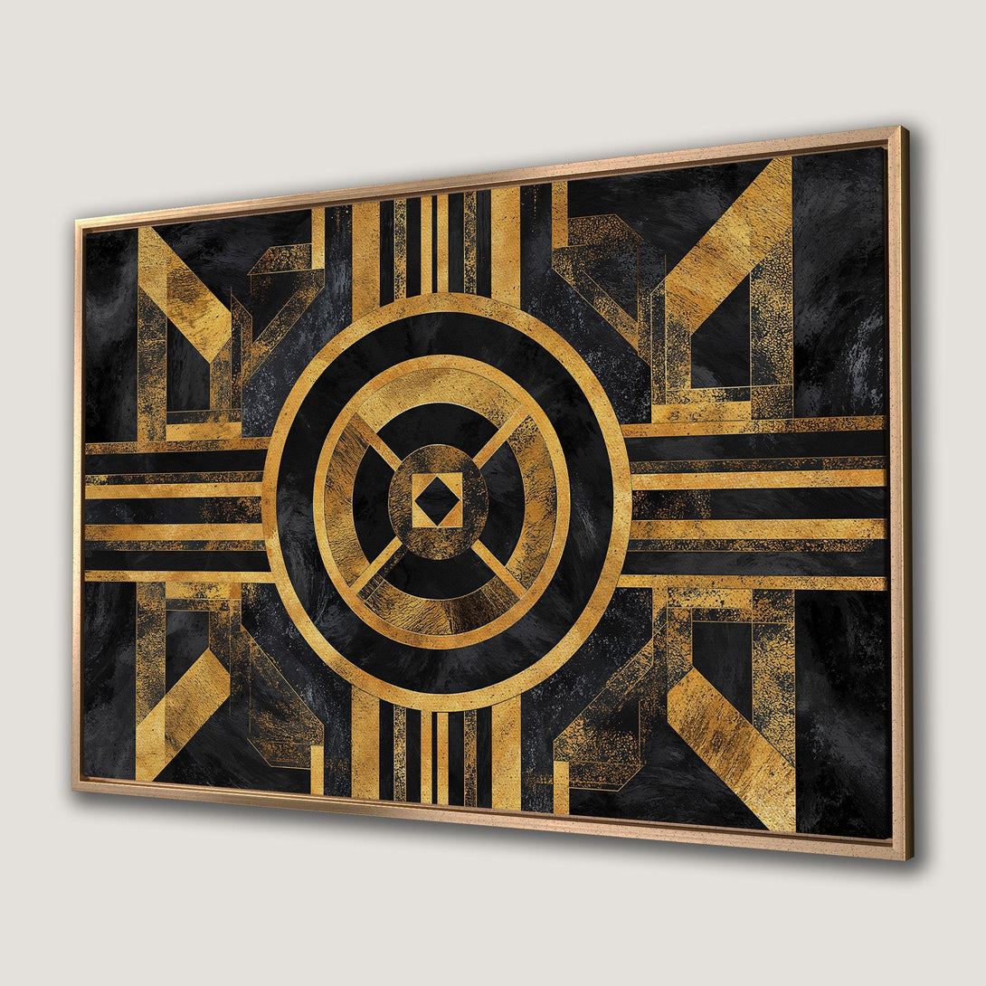 Framed Wall Art featuring a striking Art Deco design in black and gold. Add a touch of luxury with this geometric canvas print!