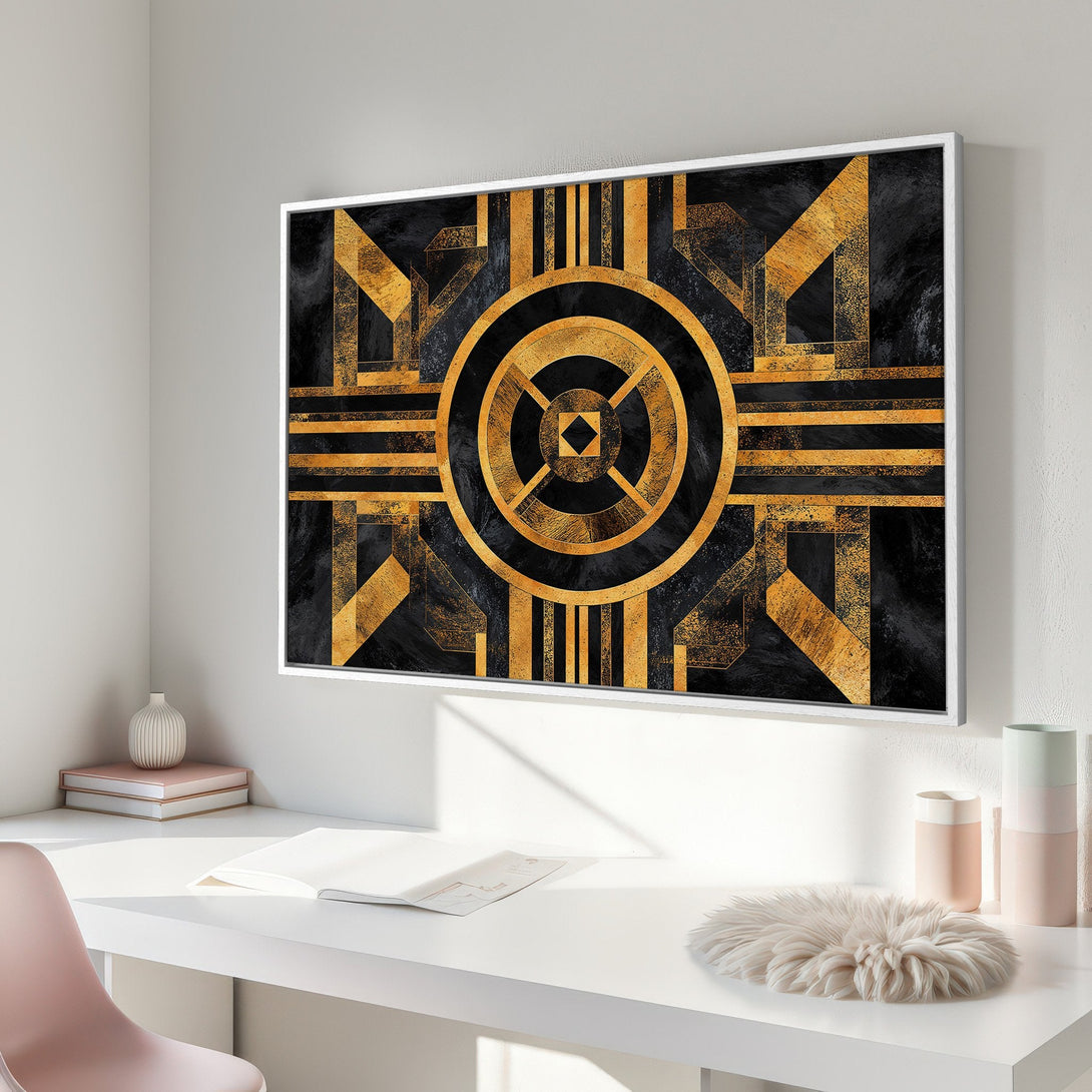 Framed Wall Art: Geometric art print in Art Deco style with gold and black color palette, perfect for modern interior design.