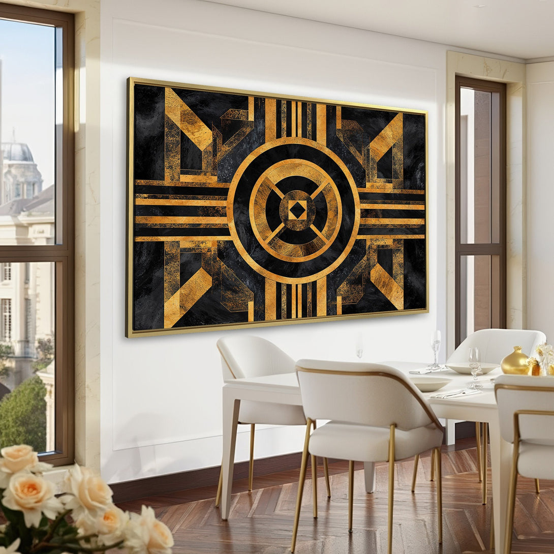 Canvas Print: Geometric art in gold and black, displayed in a green interior. Modern abstract design adds elegance to any space. Shop now for wall art!