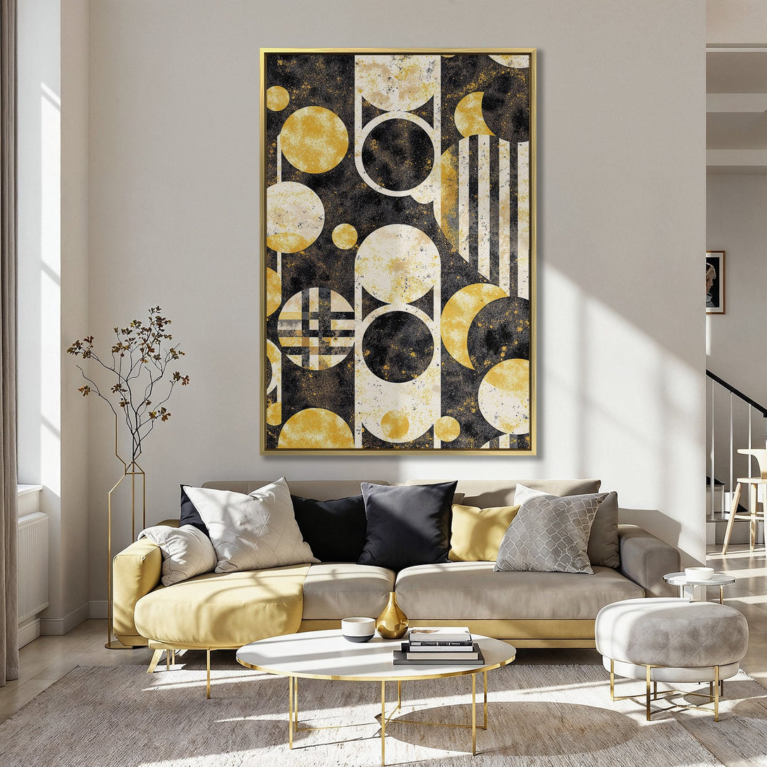 Abstract Canvas Print with geometric shapes in gold, black, and white, perfect for modern home decor.