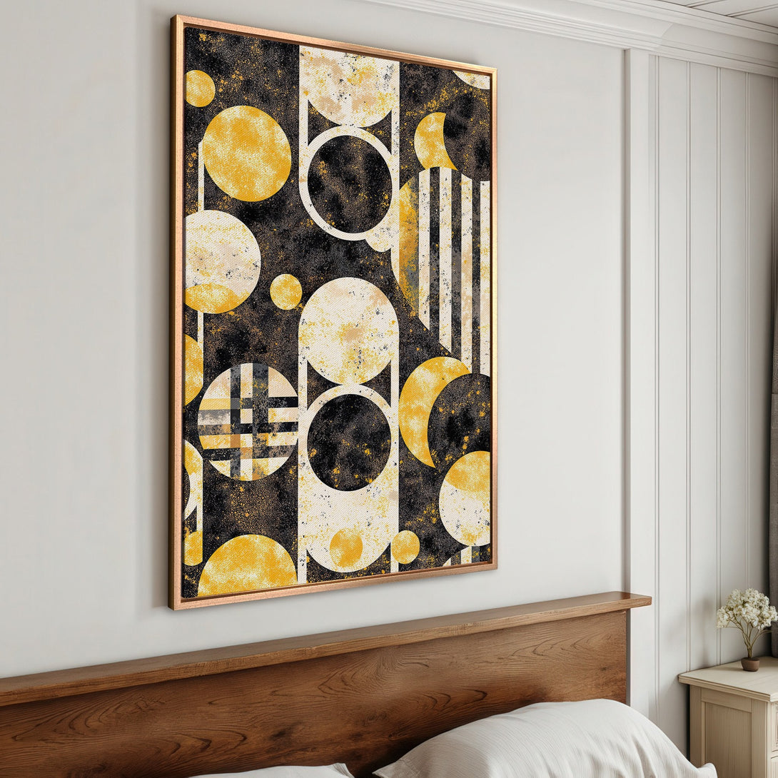 Framed Wall Art featuring a modern geometric design in yellow, black, and cream. Perfect for adding a pop of color and style to your bedroom.