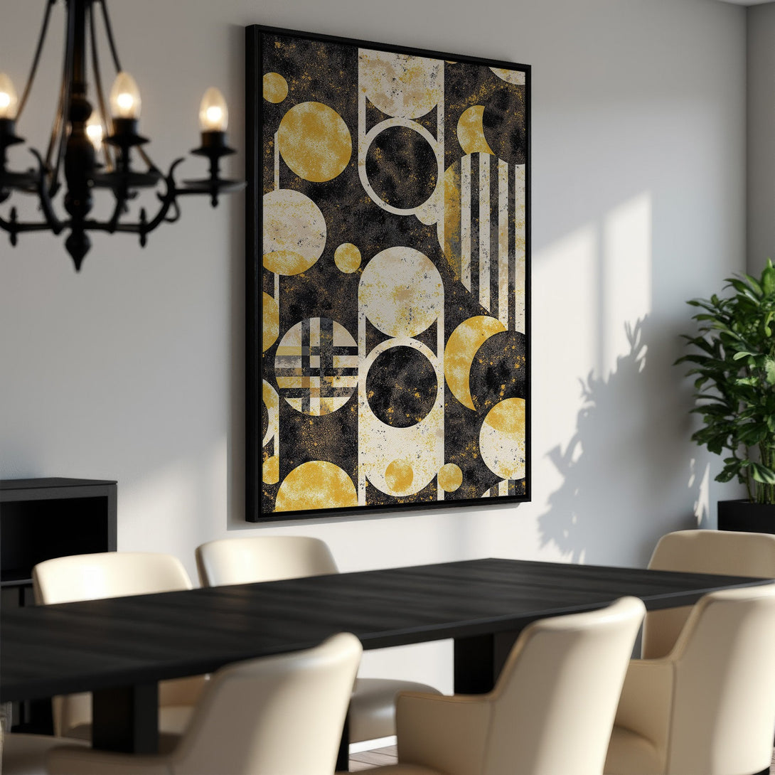 Framed Wall Art featuring a geometric abstract design in black, gold, and cream tones, perfect for adding modern style to your dining room.