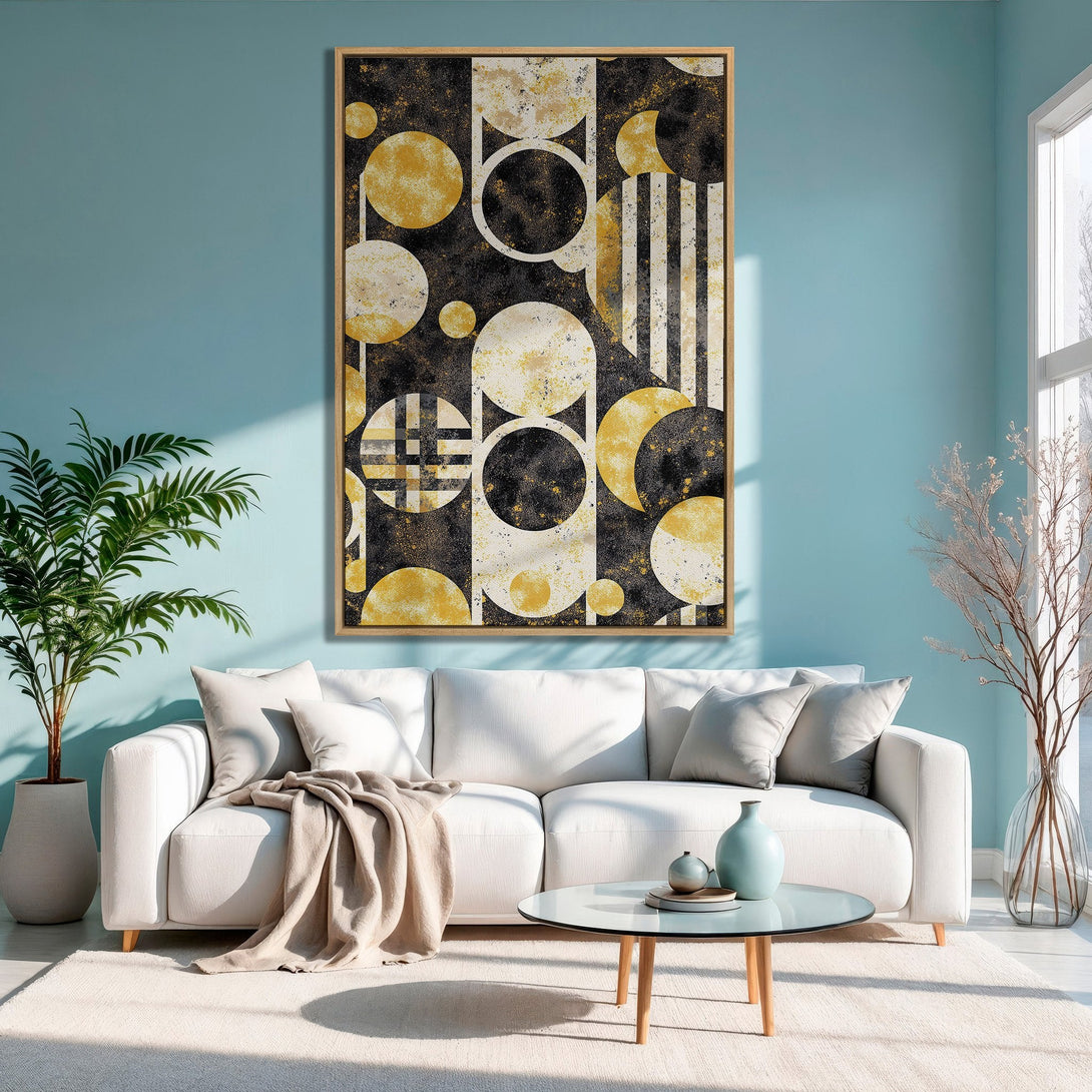 Framed Wall Art: Abstract geometric art in black, gold, and white. Modern Canvas Print adds a stylish touch to any interior.