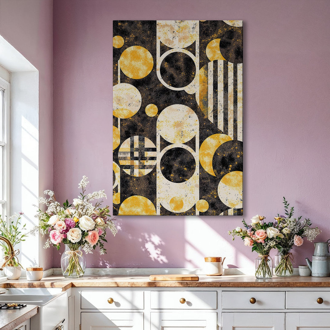 Framed Wall Art: Abstract geometric art print in gold, black, and cream. Modern decor inspiration for living room. Canvas Print adds a touch of elegance.