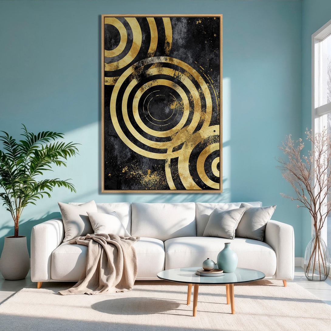 Framed Wall Art: Abstract gold circle design on black canvas. Modern art with a luxurious feel, perfect for living room decor. Gold and black color palette.