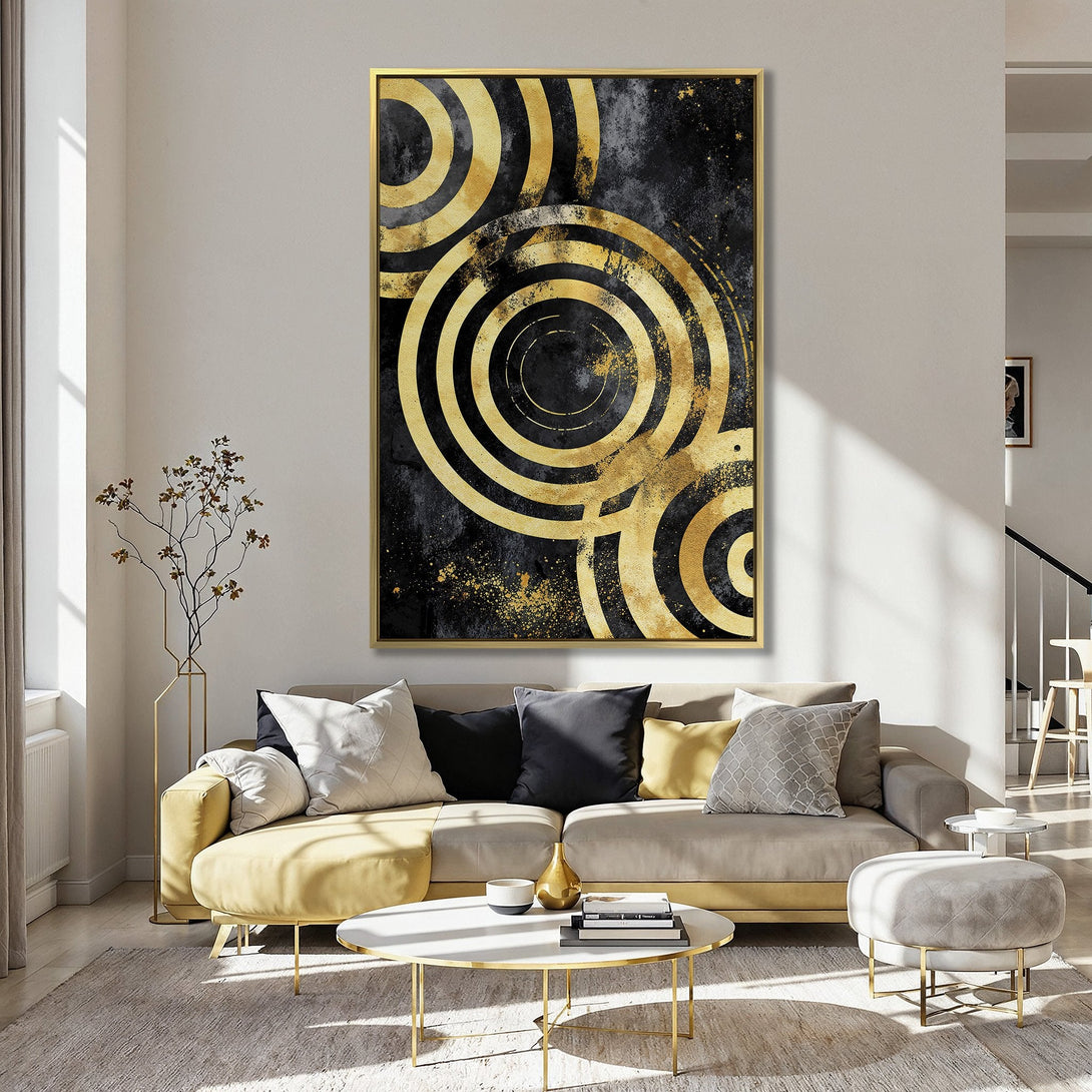 Canvas Print: Abstract gold circle art on black background. Modern wall decor with a luxurious, elegant aesthetic. Perfect for any interior.