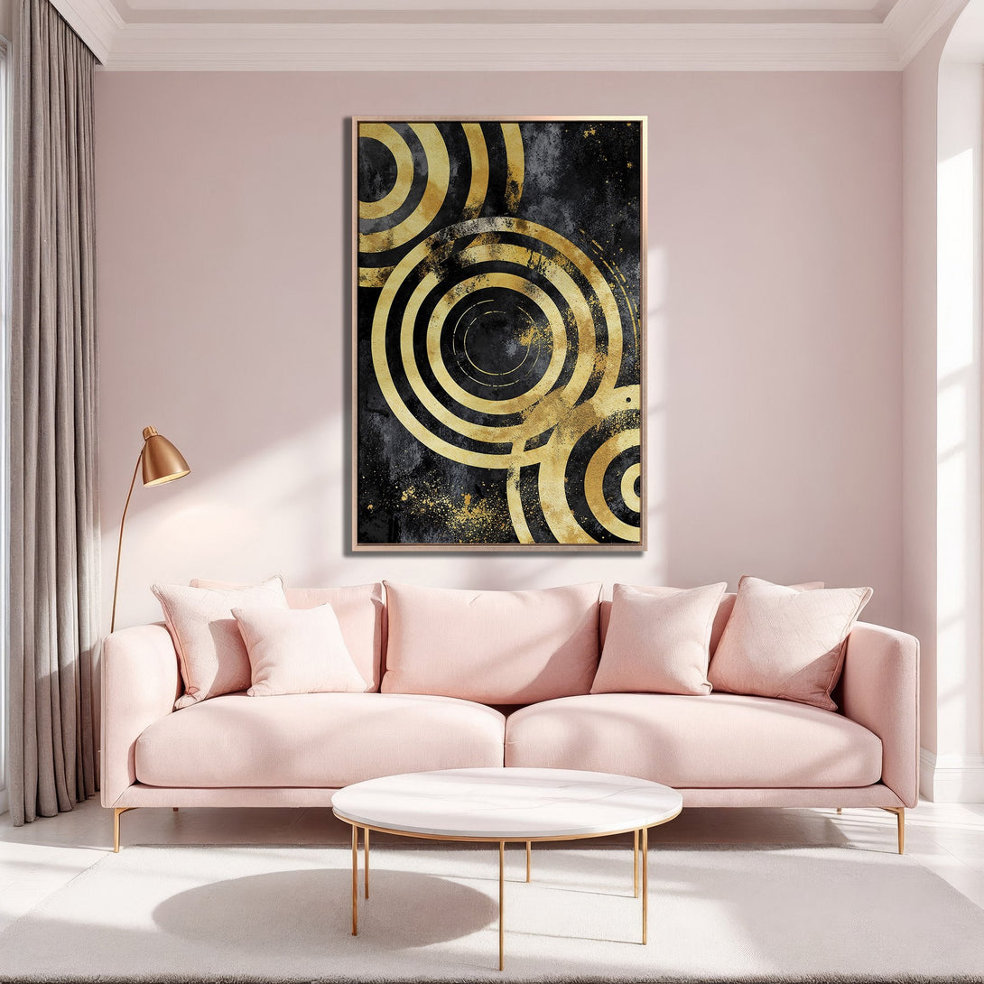 Framed Wall Art featuring abstract gold circles on black. Modern art for home decor in a blush pink and gold color palette. Enhance your living room!