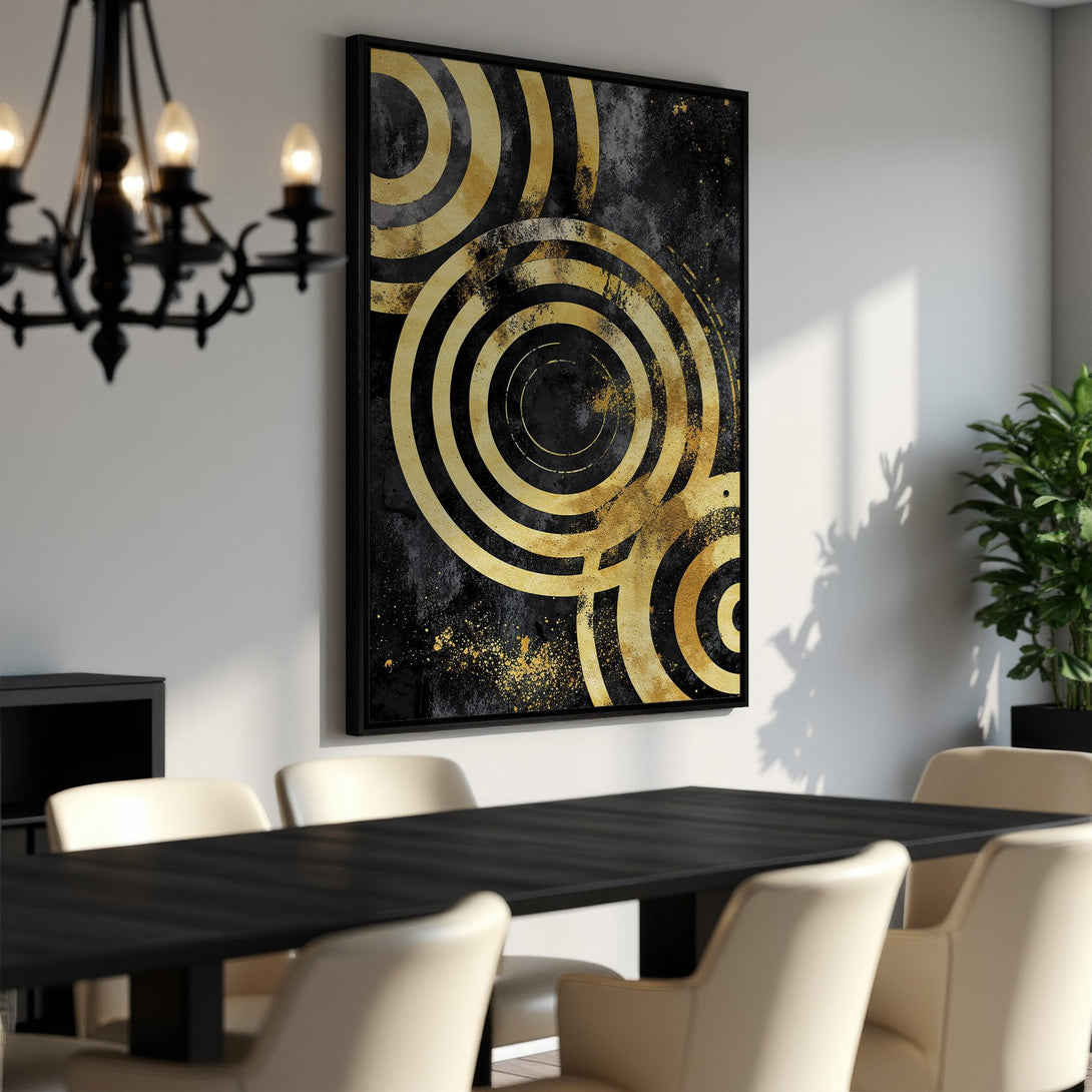 Framed Wall Art featuring abstract gold circles on a black background. Modern art print with a luxurious, gold and black color palette. Perfect for dining rooms!
