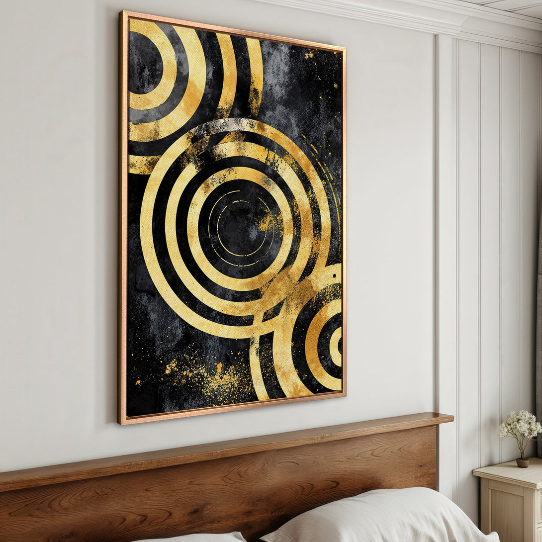 Abstract Canvas Print with gold and black circles, framed wall art for modern home decor.