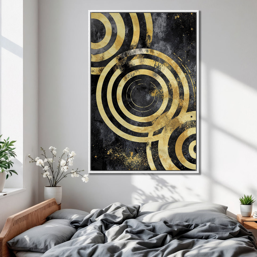 Framed Wall Art: Abstract gold circle design on black background. Modern art canvas print for bedroom decor. Elegant gold and black color palette.