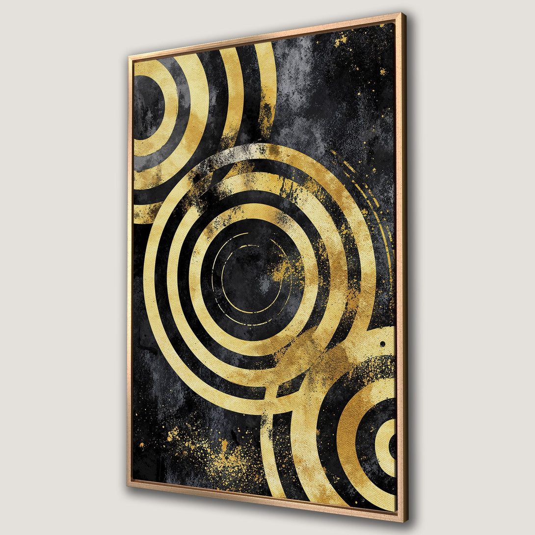 Framed Wall Art featuring abstract gold circles on a black textured background. Modern art print with a luxurious, elegant color palette. Elevate your space with this statement piece.