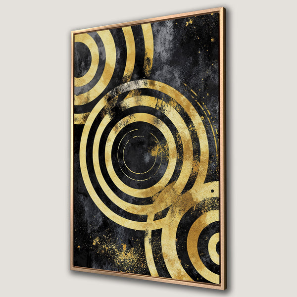 Framed Wall Art featuring abstract gold circles on a black textured background. Modern art print with a luxurious, elegant color palette. Elevate your space with this statement piece.