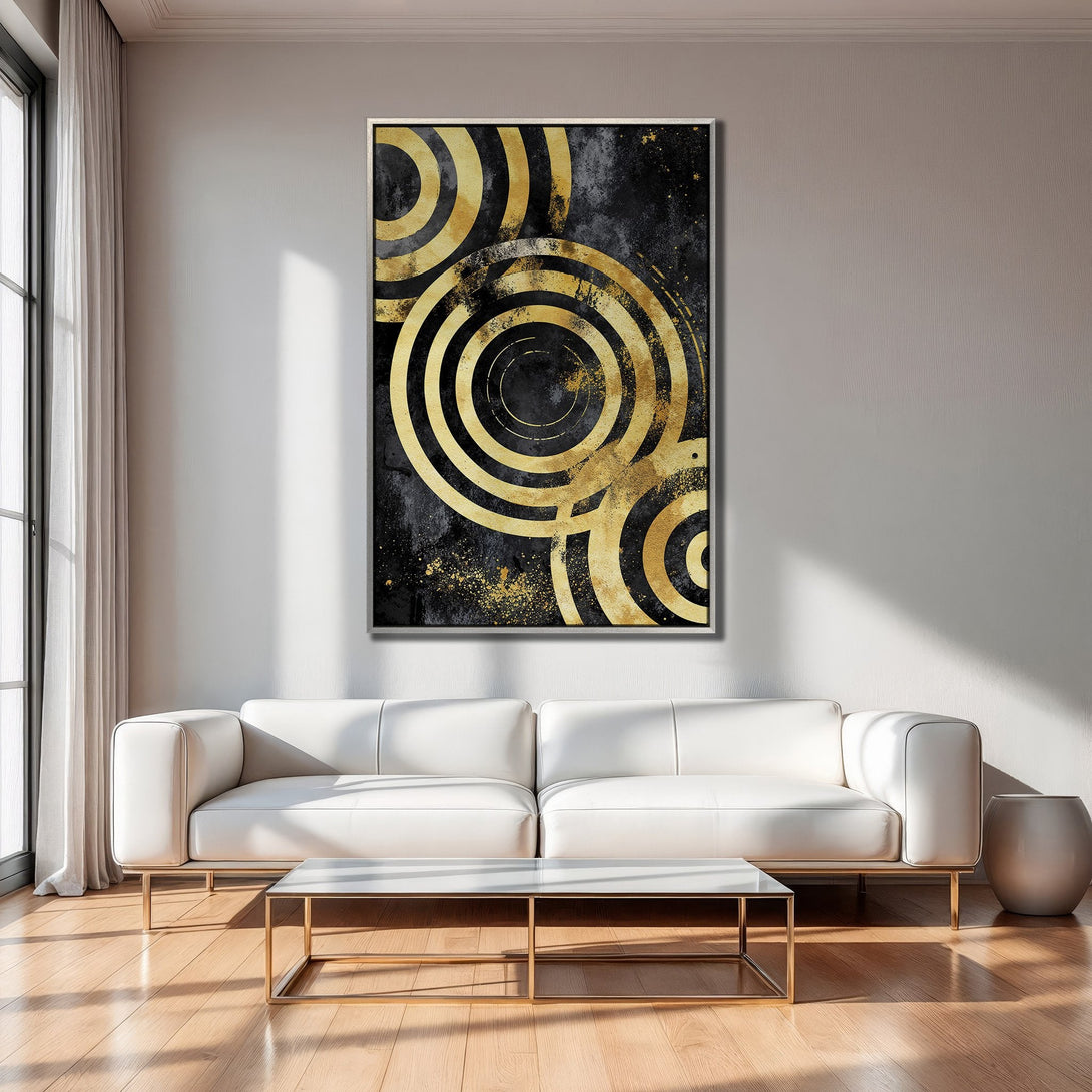 Framed Wall Art: Abstract gold circle art print on black background. Modern decor in a living room. Gold and black canvas art.
