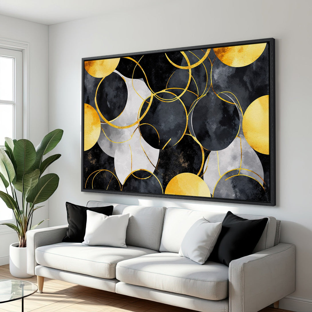 Framed Wall Art: Abstract geometric art print with gold, black, and gray circles. Modern art for living room decor, adding a touch of elegance.