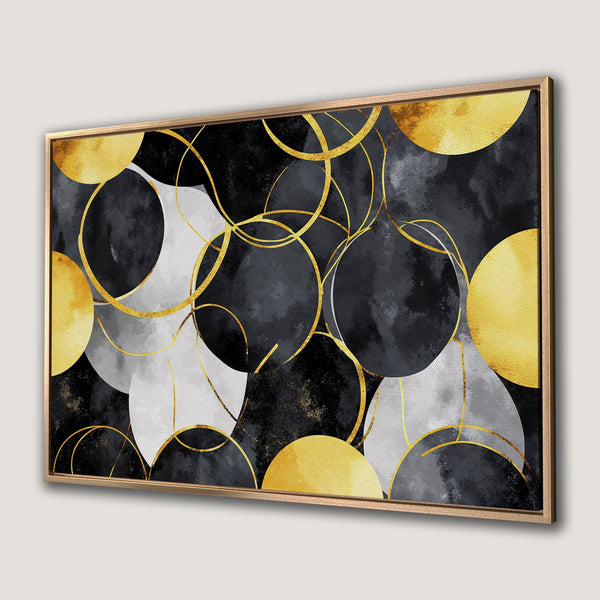 Framed Wall Art featuring abstract gold circles on a black, gray, and white canvas. Modern art perfect for any room!