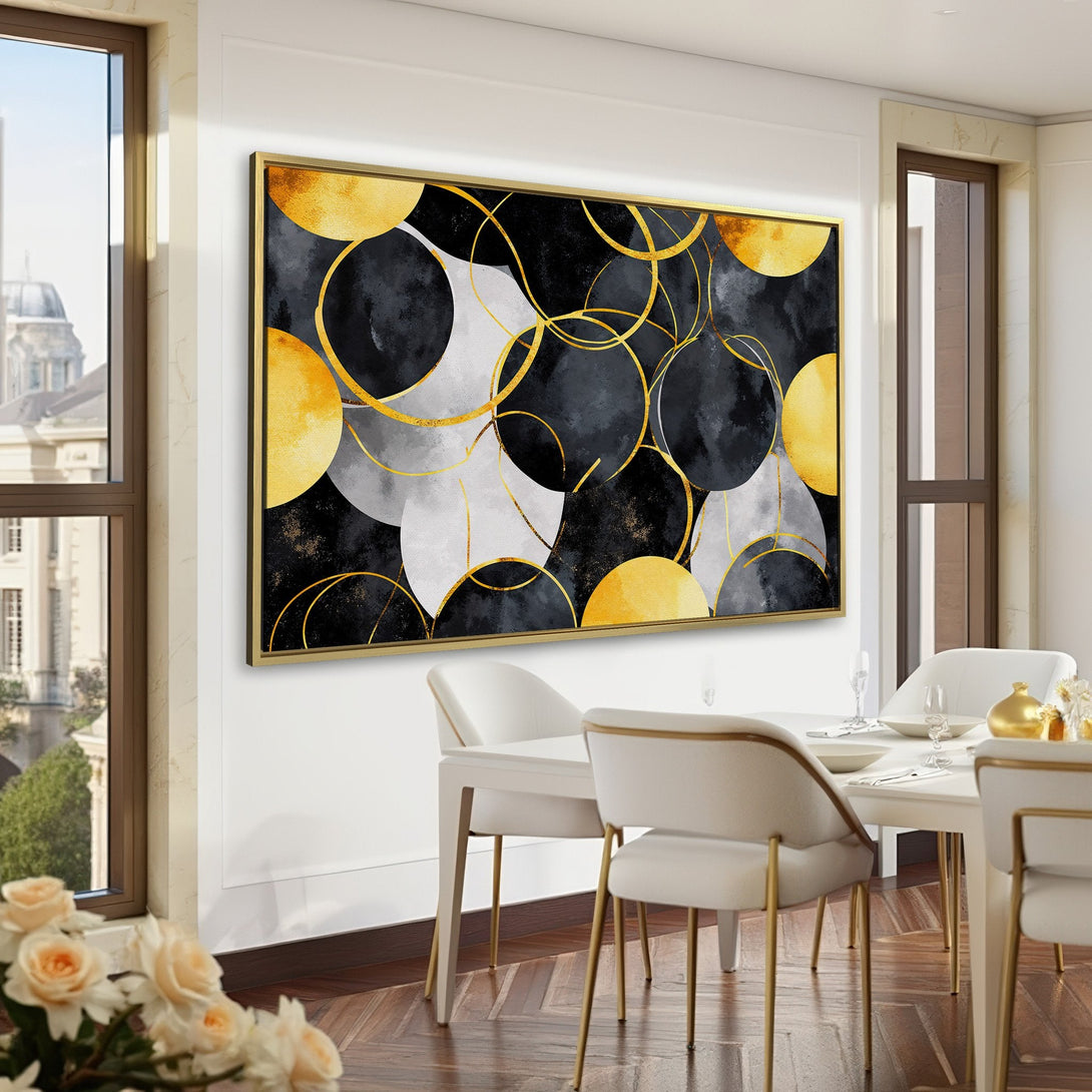 Canvas Print: Abstract gold, black, and gray circles art in a sophisticated interior. Modern wall art with a luxurious feel.