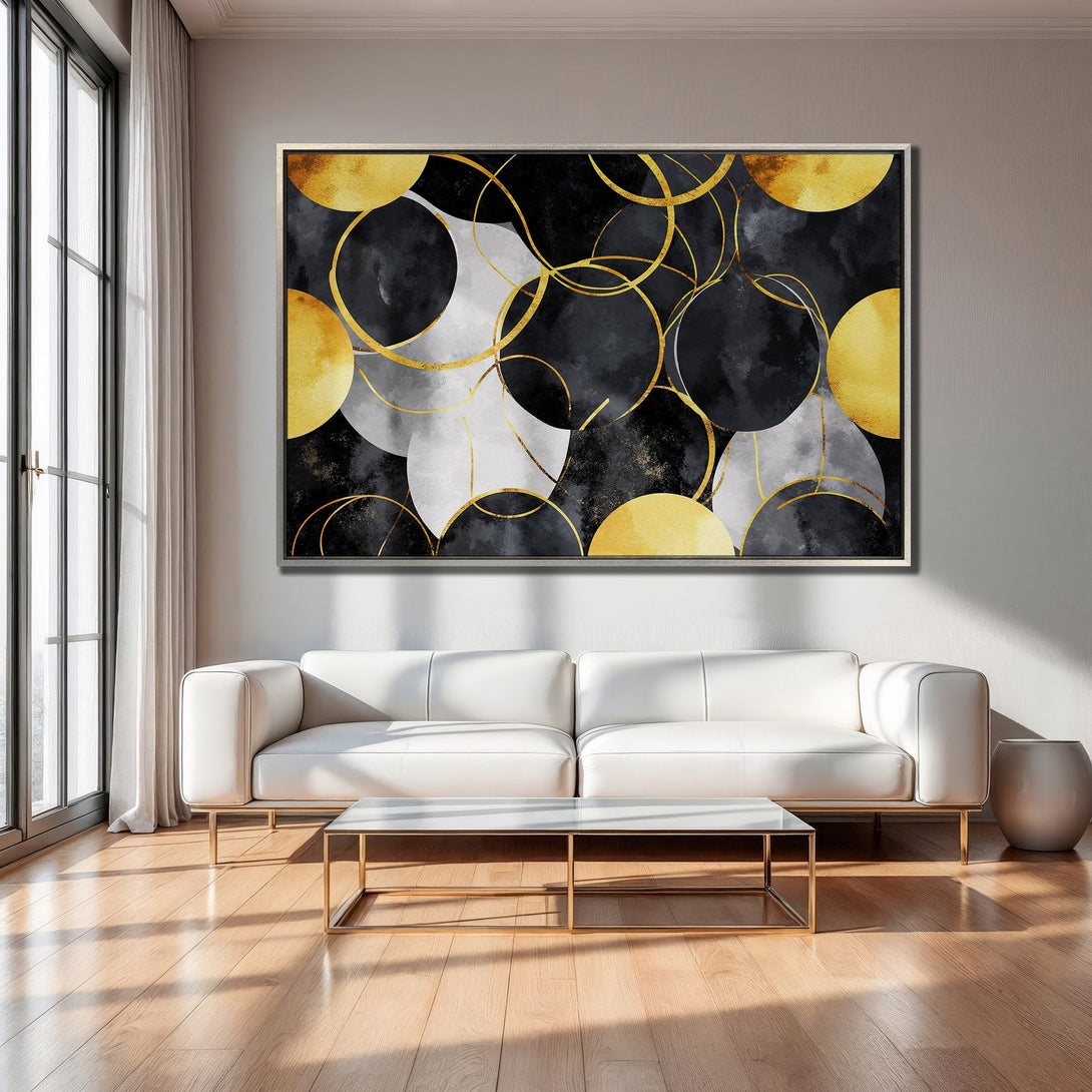 Framed Wall Art: Abstract gold, black, and gray circles. Modern art canvas print adds a touch of luxury to any living room.