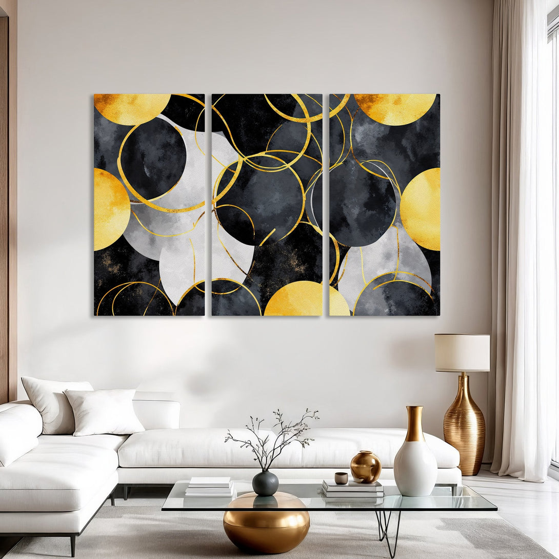 Abstract Canvas Print art in gold, black, and gray. Modern wall decor with geometric circles, perfect for living room or bedroom.