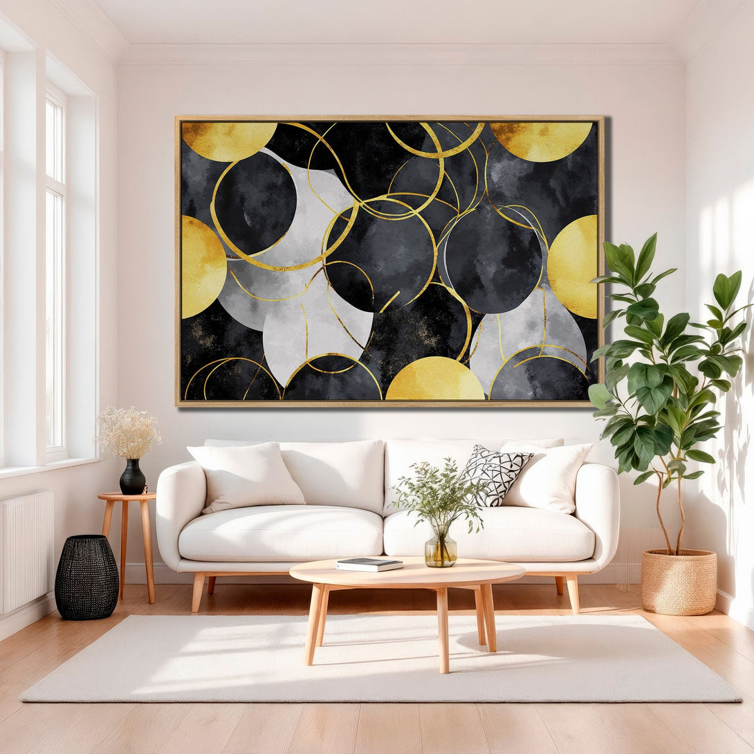 Framed Wall Art: Abstract gold & black geometric design Canvas Print. Modern art in a living room, featuring a stylish color palette.