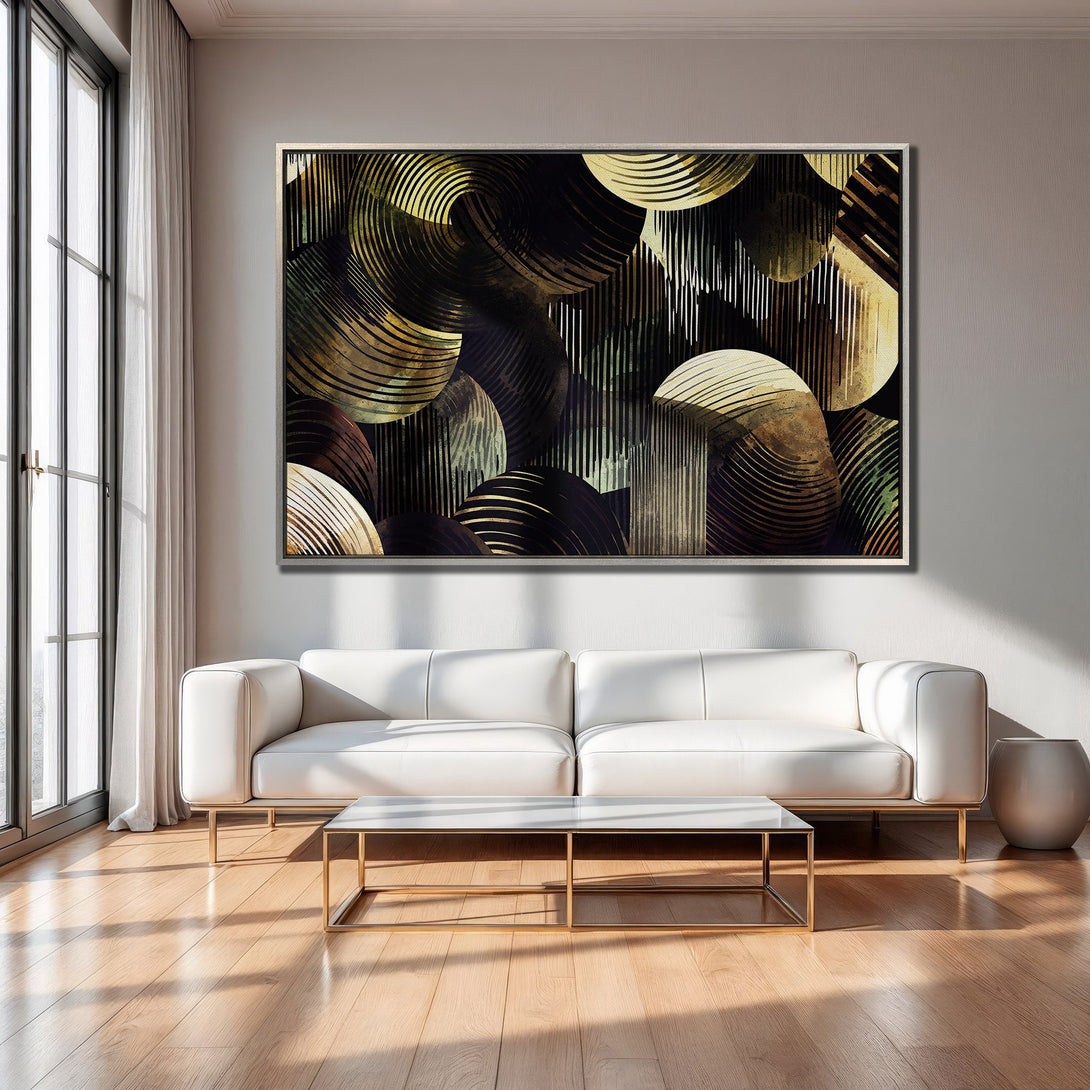 Framed Wall Art: Abstract geometric art in gold, black, and green. Modern canvas print adds a touch of elegance to any living room.