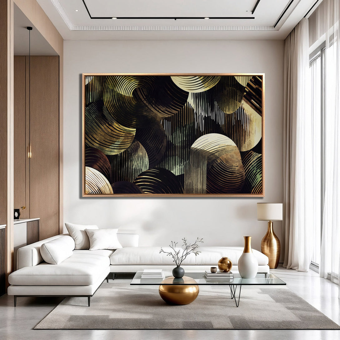 Framed Wall Art: Abstract geometric design in a modern living room. Earthy tones of gold, black, and green create a sophisticated aesthetic.