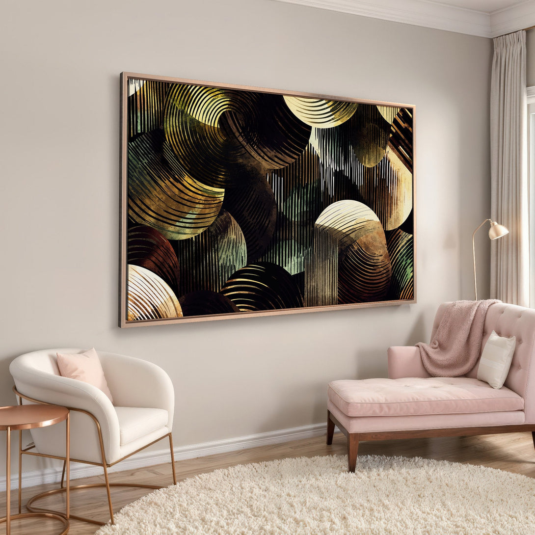 Framed Wall Art: Abstract geometric art in gold, green, and brown tones. Modern decor for living room. Enhance your space with this stylish Canvas Print.