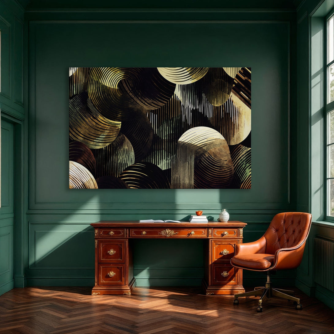 Framed Wall Art: Abstract geometric design in gold, black, and earth tones. Modern art canvas print adds elegance to any dining room.